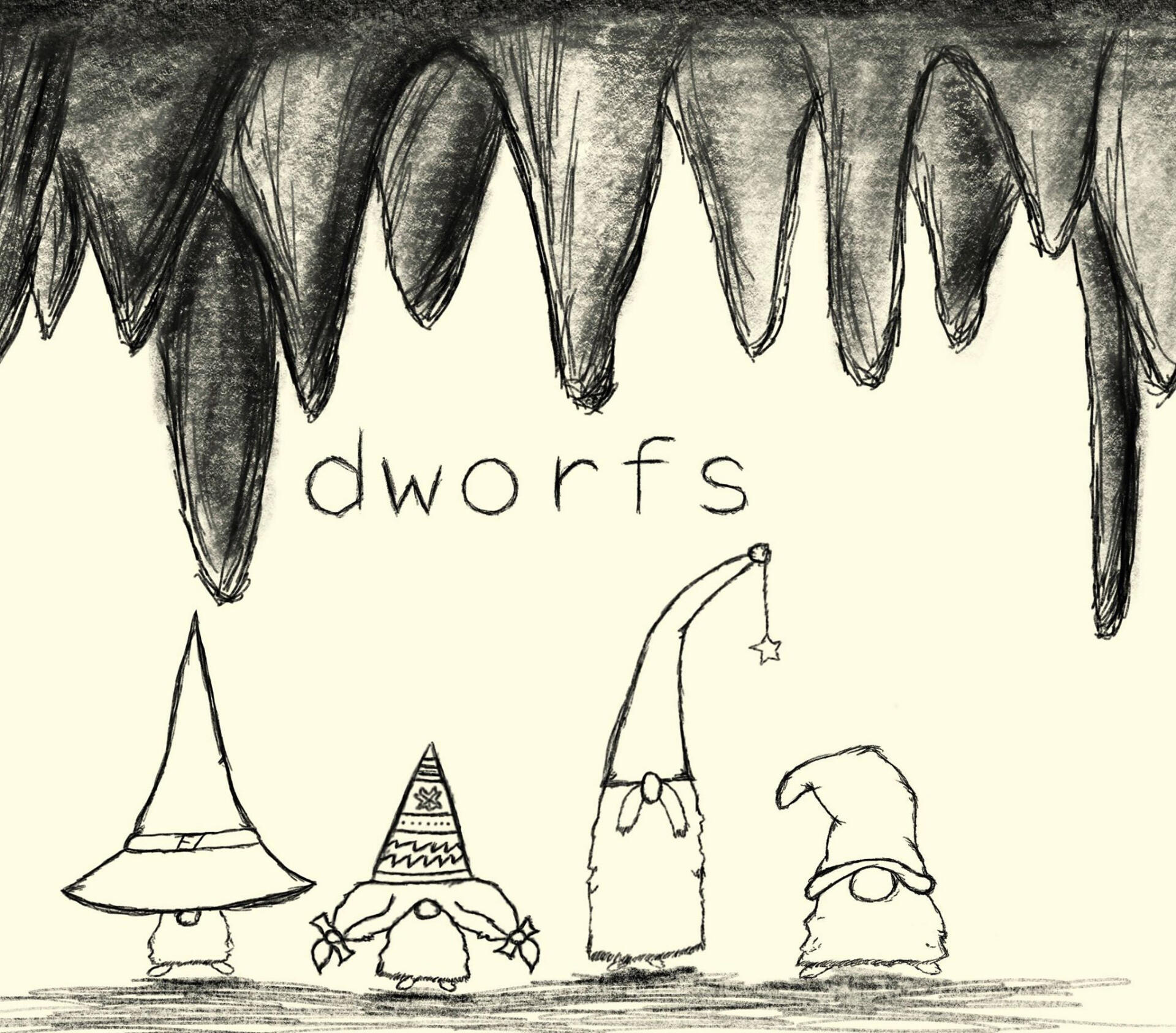 4 dworfs, gnomis creatures with big hats standing in a cave